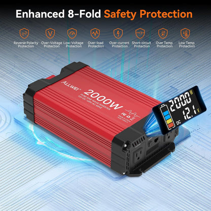 ALLWEI 2000W Pure Sine Wave Inverter 12V DC to 110V/120V AC Converter, Surge 4000W, 2 AC Sockets, LCD Display, Power Inverters for Vehicles, RV Truck Home Solar & Off-Grid Inverter, Remote Controller