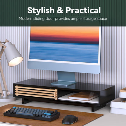 Monitor Stand Riser with Sliding Door, Computer Laptop Stand Desk Shelf Organizer with Storage (Black + Natural Bamboo, 25 Inch)