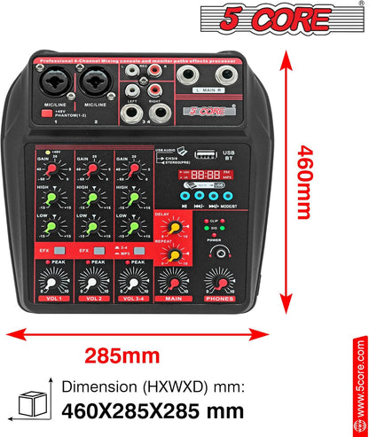 5 Core Audio Mixer 4 Channel DJ Mixing Board Small Bluetooth USB Analog Mezclador De Audio w Phantom Power Console for Live Recording Podcast Karaoke PARENT MX 4CH (Black)