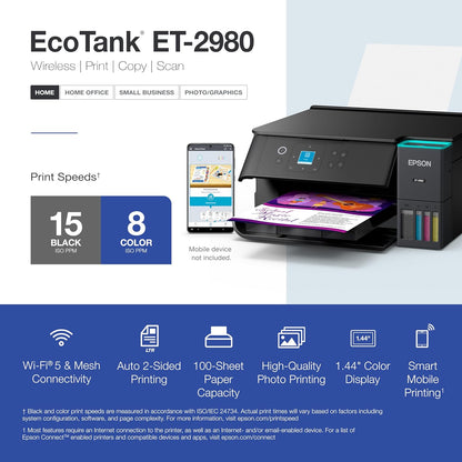 Epson EcoTank ET-2980 Wireless All-in-One Color Supertank Printer with up to 3 Years of Ink, Refillable Tanks, Perfect for Home, 15 PPM, 1.44" Color Screen, Auto 2-Sided Printing - Black
