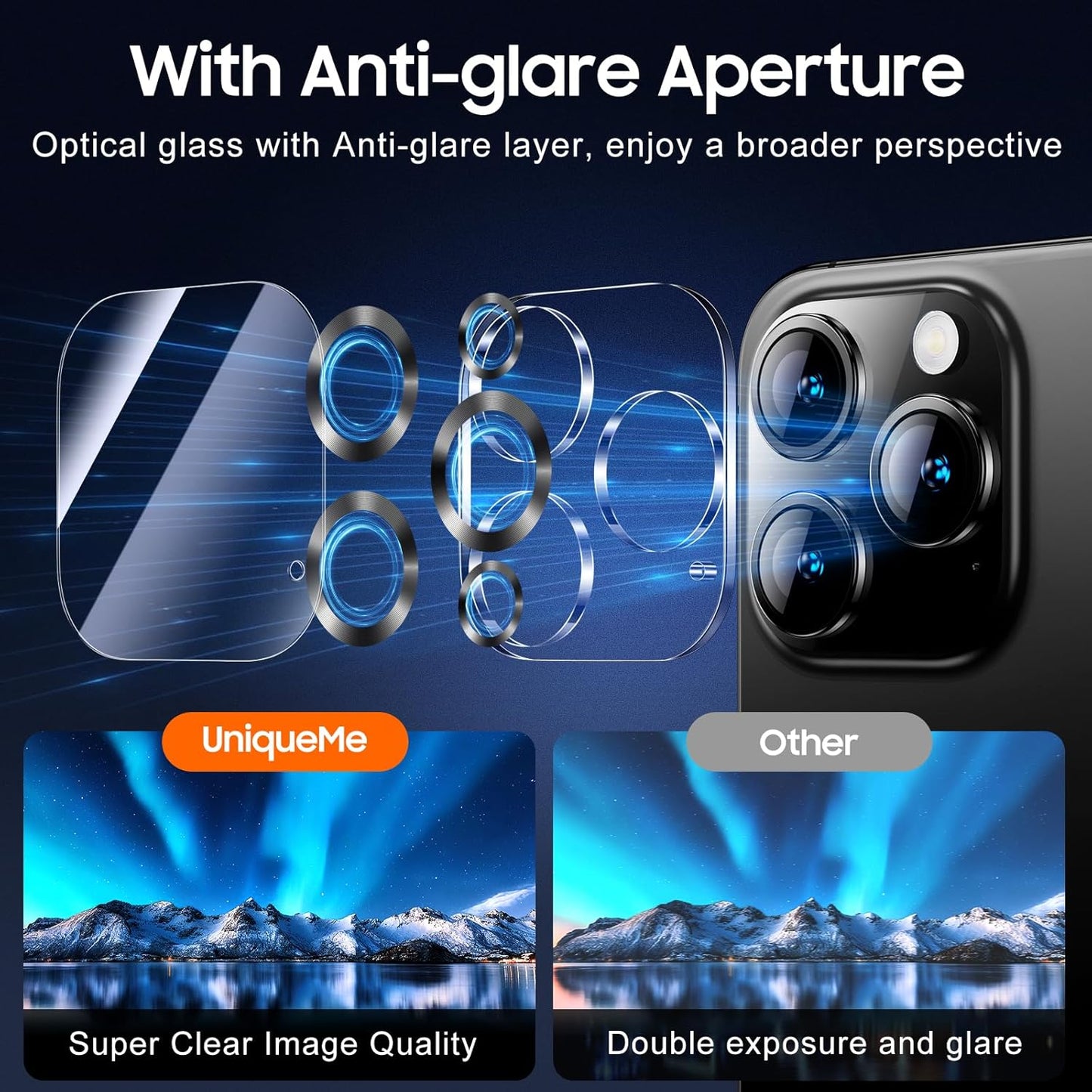 UniqueMe for 3 Pack iPhone 16 Pro/iPhone 16 Pro Max Camera Lens Protector - [Drop Protection] [Case Friendly] 9H Tempered Glass Camera Cover Screen [Update New Version] - Matte Black