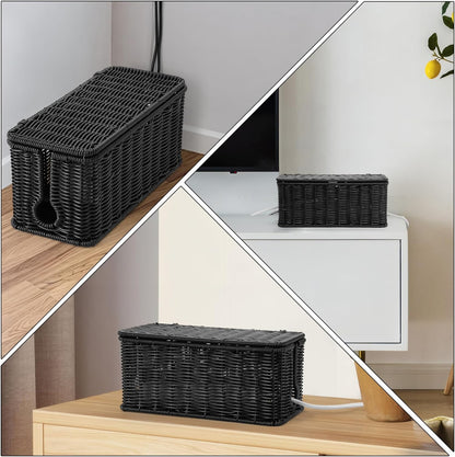 Handmade Cable Management Box, Imitation Rattan Cord Organizer Cord Hider Box, Desk Cord Management Box to Hide Cords and Power Strip L12.5 W5 H5.2 CB2412 Black