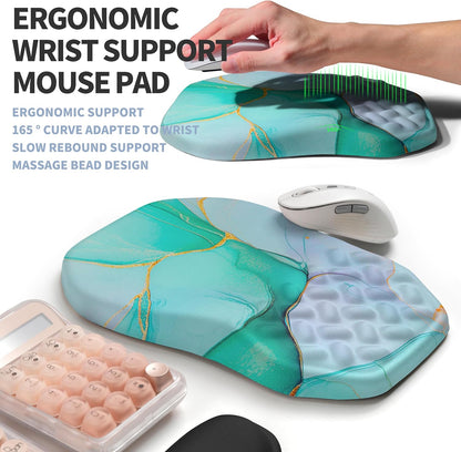 2-in-1 Ergonomic Set, Wave Keyboard Wrist Rest and Massage Slope Mouse Pad Wrist Support, Rebound Memory Foam for Relieve Carpal Tunnel Syndrome and Wrist Pain (Green Gold Marble)
