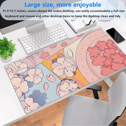 Pink Floral Mouse Pad XXL Cute Anime Gaming Desk Mat 31.5"x15.7", Thickened Rubber Base, Stitched Edge & Washable Design for Women, Office, Home