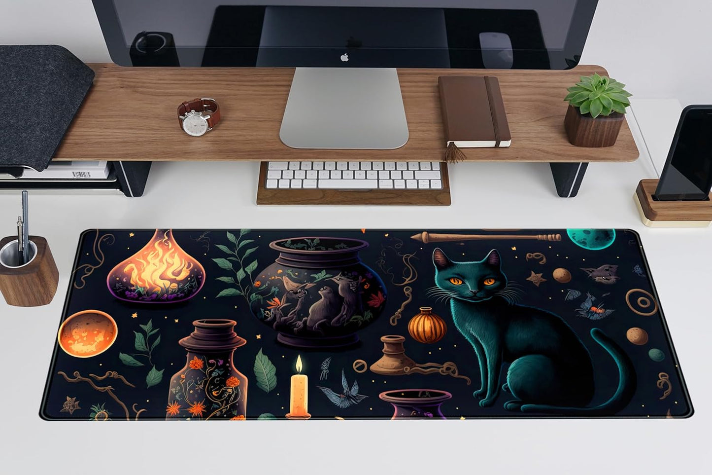 Anime Blue Cat Kawaii Cats Mouse Pad, XL Large Extended Gaming Desk Pad, Women Desk Decor Pad Computer Laptop Keyboard and Wireless Mouse Mat with Stitched Edges 31.5x11.8 in