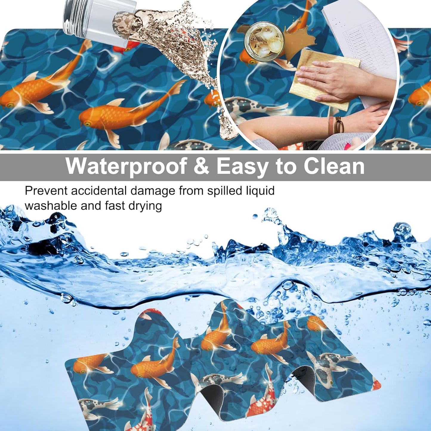 Koi Carps Desk Mat,Large Swimming Koi Fish Gaming Keyboard Mouse Pad,Non-Slip Rubber Base Desk Pad Thick Stitched Edges Waterproof Mousepad Mouse Mat 31.5"x11.8"