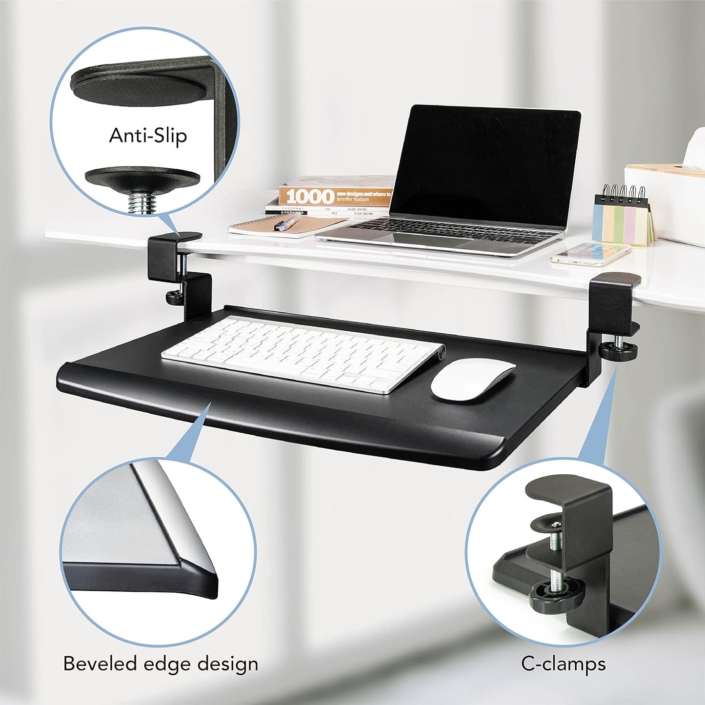 EHO Prime Desk Clamp Keyboard Tray, Under Desk Sliding Retractable Drawer, Ergonomic Space-Saving Platform for Standard Keyboards, Large 20" x 11.5" Workstation Extension