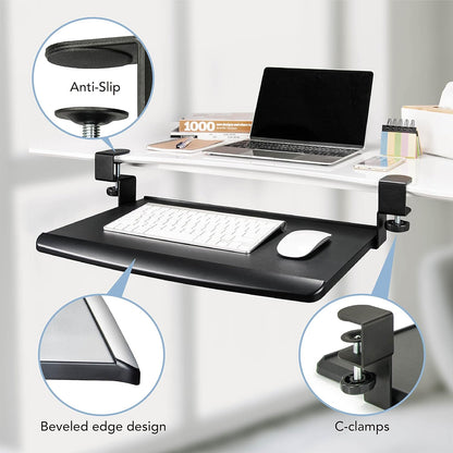 EHO Prime Desk Clamp Keyboard Tray, Under Desk Sliding Retractable Drawer, Ergonomic Space-Saving Platform for Standard Keyboards, Large 20" x 11.5" Workstation Extension