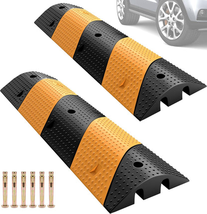 Rengue Rubber Speed Bumps 2-Pack 39.3'' Black Yellow Dual-Channel Driveway Protector for Wires Pipes, 66000 LB Heavy Duty Traffic Calmer for Road Gravel Installation