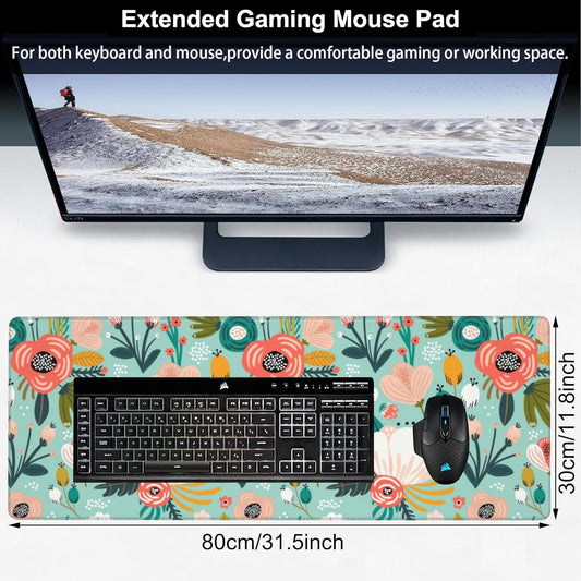 Colorful Flowers and Berries Desk Mat,Large Beautiful Floral Branches Gaming Keyboard Mouse Pad,Non-Slip Rubber Base Desk Pad Thick Stitched Edges Waterproof Mousepad Mouse Mat 31.5"x11.8"