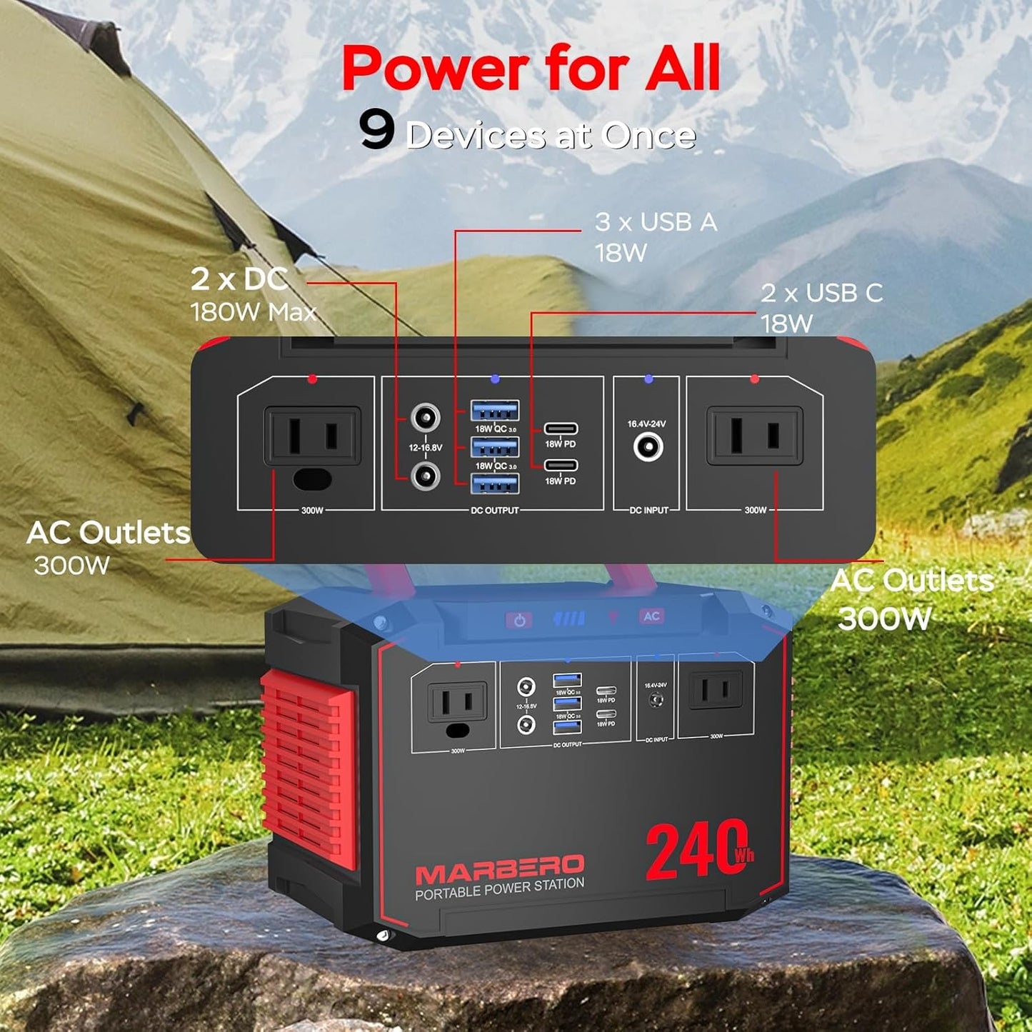 MARBERO Solar Generator 240Wh 300W Portable Power Station with Solar Panel 60W Included Backup Lithium Battery with AC Outlets for Camping Home Outdoor Emergency Hiking Travel