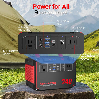 MARBERO Solar Generator 240Wh 300W Portable Power Station with Solar Panel 60W Included Backup Lithium Battery with AC Outlets for Camping Home Outdoor Emergency Hiking Travel