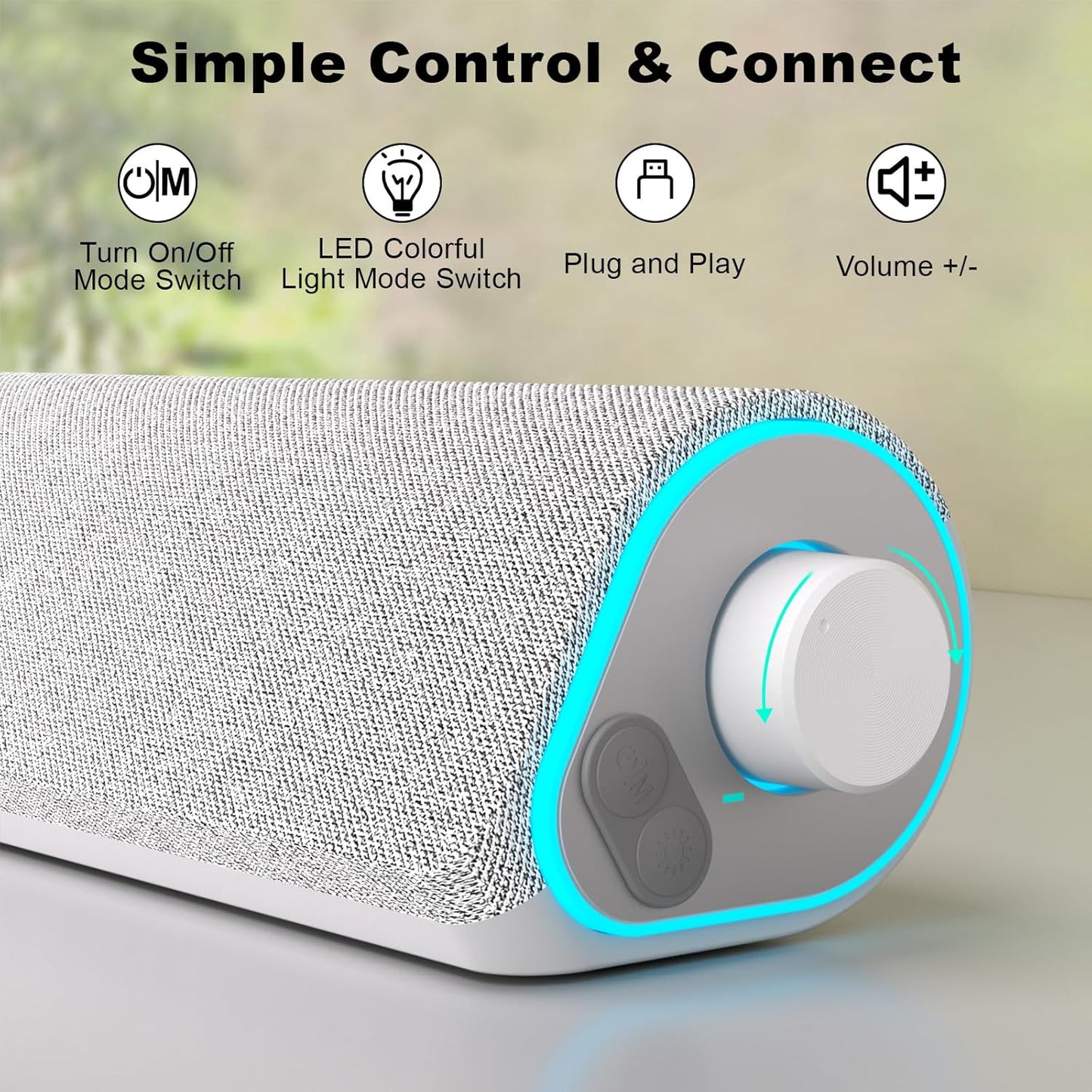 SOULION R50 Bluetooth Computer Speakers for Desktop PC Monitor White,Wired USB Powered 3.5mm Aux PC Speakers Sound Bar,4 Modes LED Lights with Switch Button,Surround Sound Soundbar for Computer