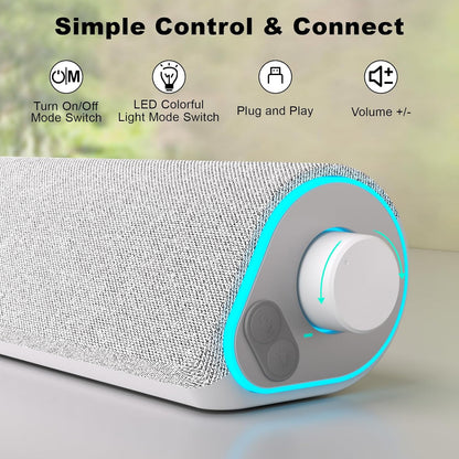 SOULION R50 Bluetooth Computer Speakers for Desktop PC Monitor White,Wired USB Powered 3.5mm Aux PC Speakers Sound Bar,4 Modes LED Lights with Switch Button,Surround Sound Soundbar for Computer