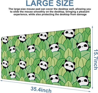 Panda and Leaves Gaming Mouse Pad 3mm Thick Stitched Edge Waterproof Non-Slip Large Computer Keyboard Mouse Mat,Suitable for Office Entertainment Decorative Desk Pad 35.4 x 15.7 Inches