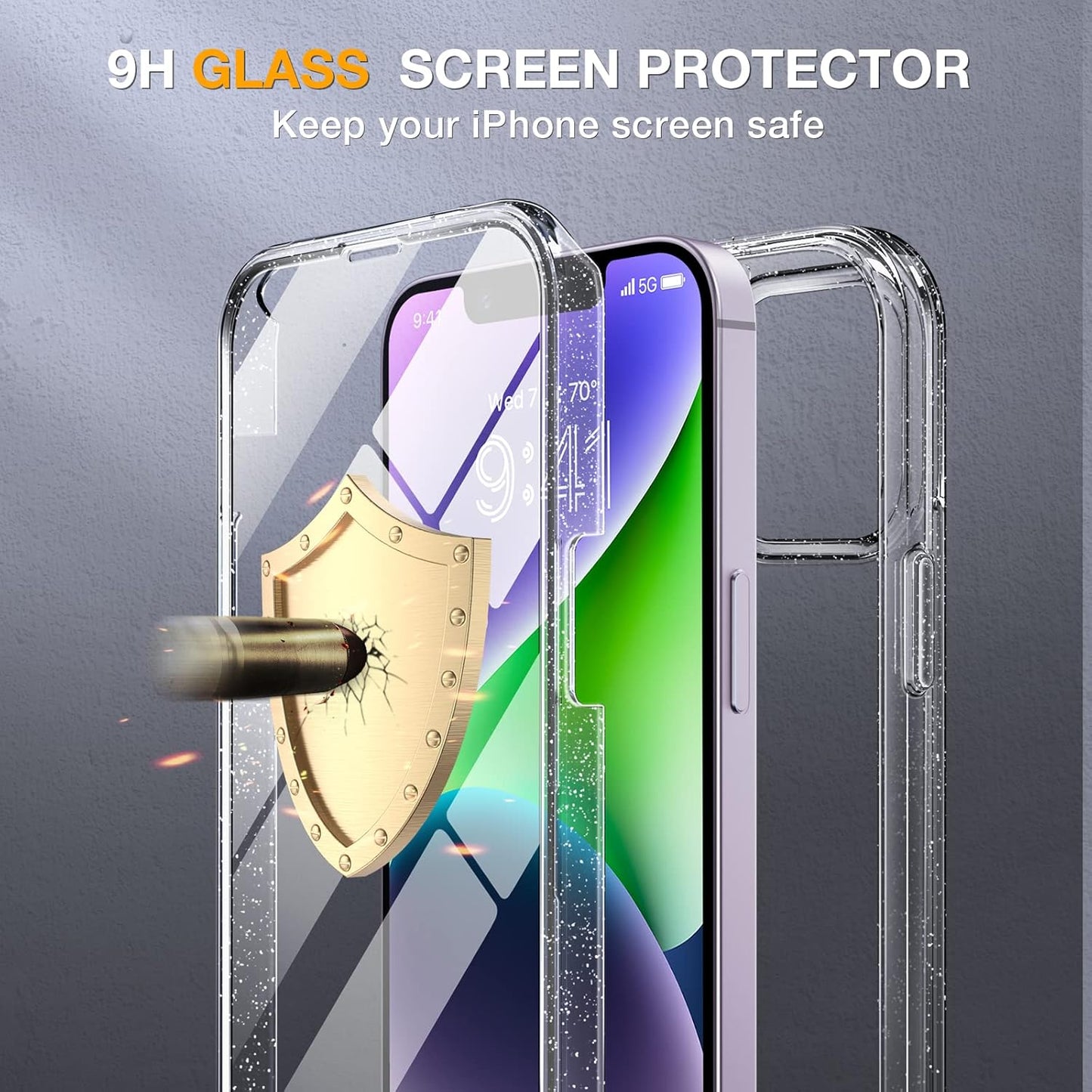 Miracase Designed for iPhone 14 Case 6.1 inch, [Built-in Tempered Glass Screen Protector] [Bubble Free] Full-Body Protective Bumper Phone Case with Camera Lens Protector, Clear Glitter