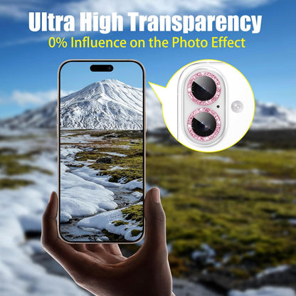 AGVEE 3+3 6 Pack for iPhone 16 6.1" / 16 Plus 6.7" Camera Lens Cover Protector, Bling Glitter & CD-Textured Metal Ring 9H Tempered HD Glass Camera Cover Protector Film, Glitter-Pink