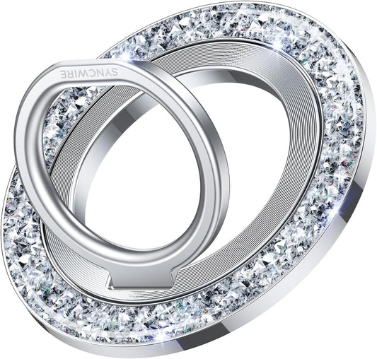 SYNCWIRE Magnetic Phone Ring Holder for MagSafe - Glitter Phone Grip Stand with 360° Rotation & Reinforced Hinge, Compatible with iPhone 16 15 14 13 Pro Max Plus MagSafe Accessories - Glitter Silver