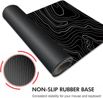 Gaming Mouse Mat Forest Background Pattern XXL XL Large Mouse Mat Long Extended Mouse Pad Desk Mat Non-Slip Rubber Mice Pads Stitched Edges Thin Pad (Topographic Map Balck)