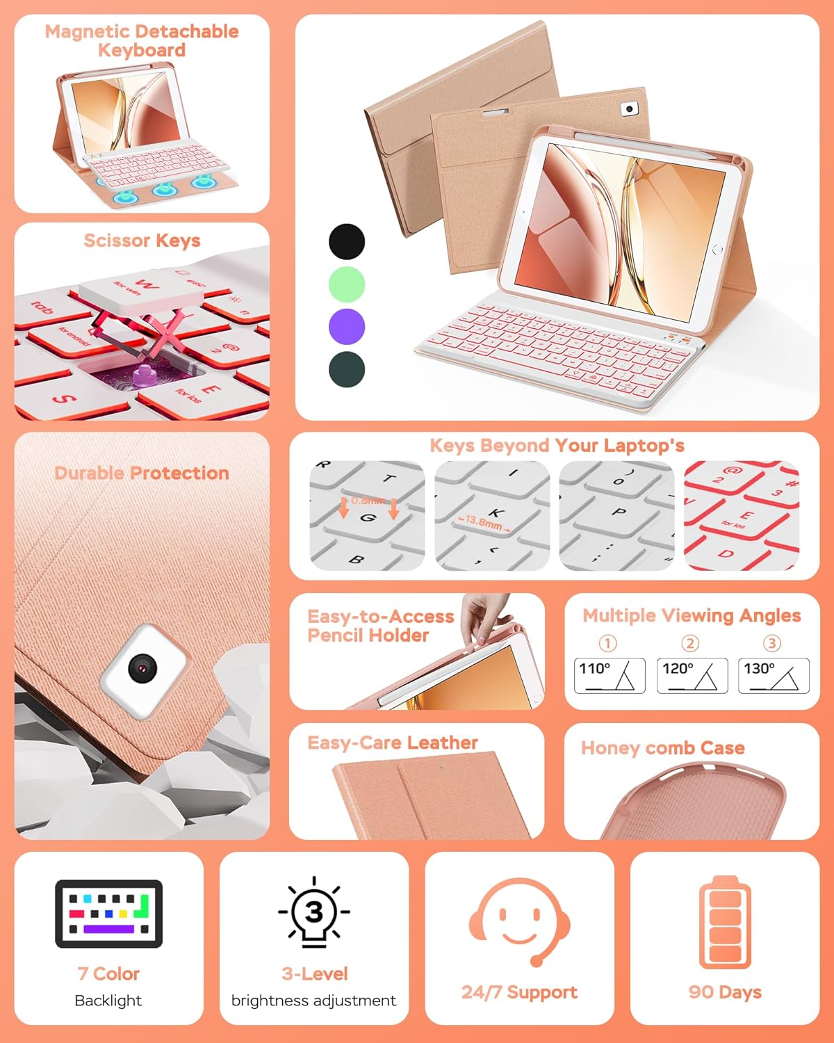 Keyboard Case for iPad 9th 8th 7th Generation Case 10.2" - 7 Colors Backlit Detachable Folio Keyboard Cover with Pencil Holder for iPad Pro 10.5" / iPad Air 3rd Gen (Pink)