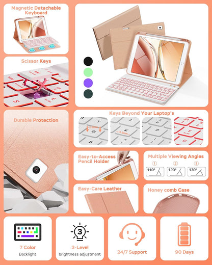 Keyboard Case for iPad 9th 8th 7th Generation Case 10.2" - 7 Colors Backlit Detachable Folio Keyboard Cover with Pencil Holder for iPad Pro 10.5" / iPad Air 3rd Gen (Pink)