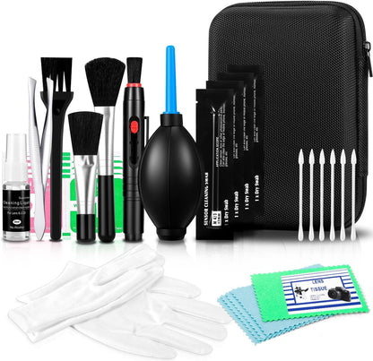 Camera Lens Cleaning Kit - Mirrorless and DSLR Camera Cleaning Kit for Canon, Sony, Nikon, Including Lens Paper/Blower, Cleaning Solution, Cotton swabs, dust Free Cloth, Lens Pen, Cleaning Brush
