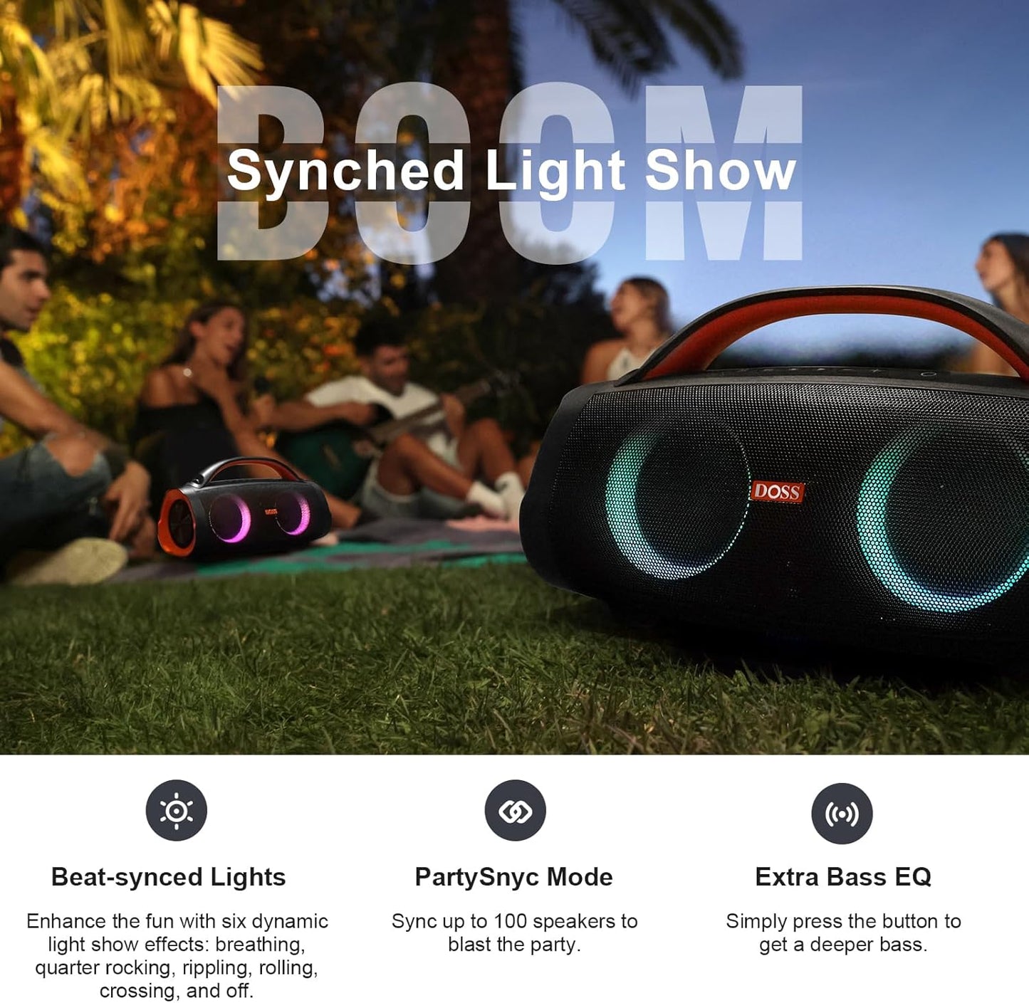 DOSS Extreme Boom+ Outdoor Bluetooth Speaker with 100W Stereo Sound, Extra Bass, 20H Playtime, Party-Sync LED Lights, Built-in Power Bank, IPX6 Waterproof Speaker for Camping, Pool, Beach, Yard