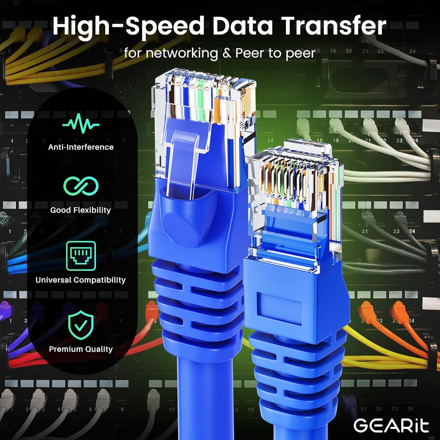GEARit Cat 6 Ethernet Cable Pack - 5-Pack 75 ft Cat6 Ethernet Patch Cables | RJ45 Network Patch Cable, 10 Gbps Snagless Gold-Plated Connectors - Ethernet Cable Cat 6 for PC, TV, Router - Blue