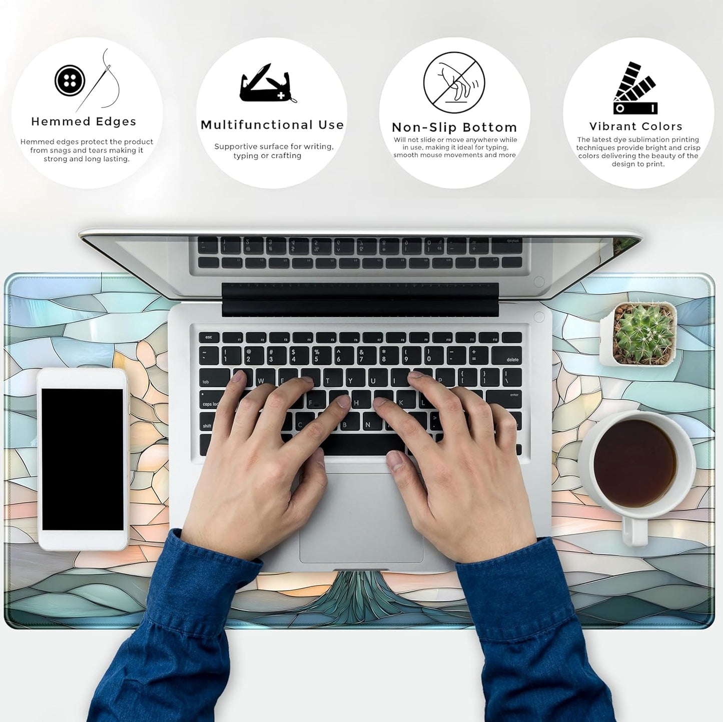 Desk Mat Cute Tree of Life Mouse Pad Gaming XXL Large Extended Desk Matt for Desktop, Faux Stained Glass Pastel Desk Pad, Laptop Computer Keyboard Mouse Mat, Office Decor Deskamt, 31.5x15.75 in