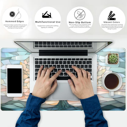 Desk Mat Cute Tree of Life Mouse Pad Gaming XXL Large Extended Desk Matt for Desktop, Faux Stained Glass Pastel Desk Pad, Laptop Computer Keyboard Mouse Mat, Office Decor Deskamt, 31.5x15.75 in