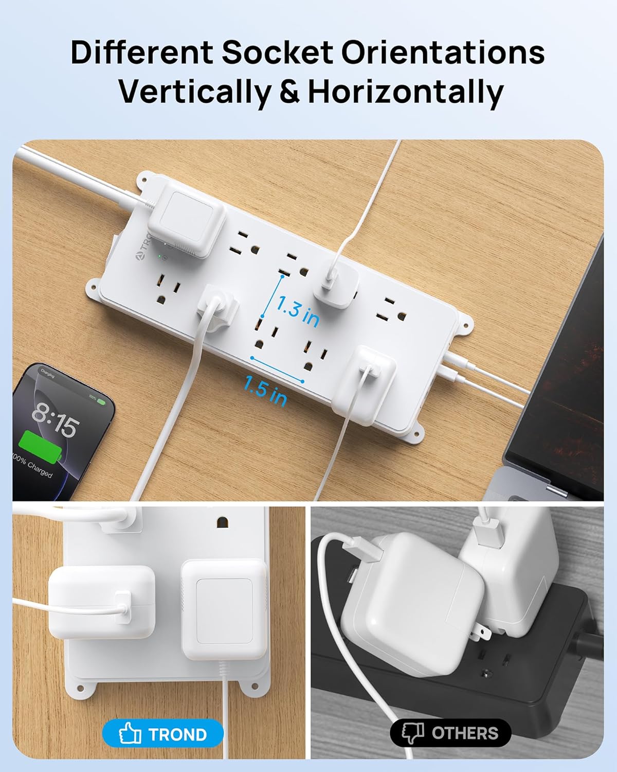TROND 360° Rotating Plug Power Strip 10ft, Surge Protector with 2 USB A and 2 USB C, 10 Widely Spaced Outlets, 4000J, ETL Listed, Wall Mountable, for Home Office Entertainment, White