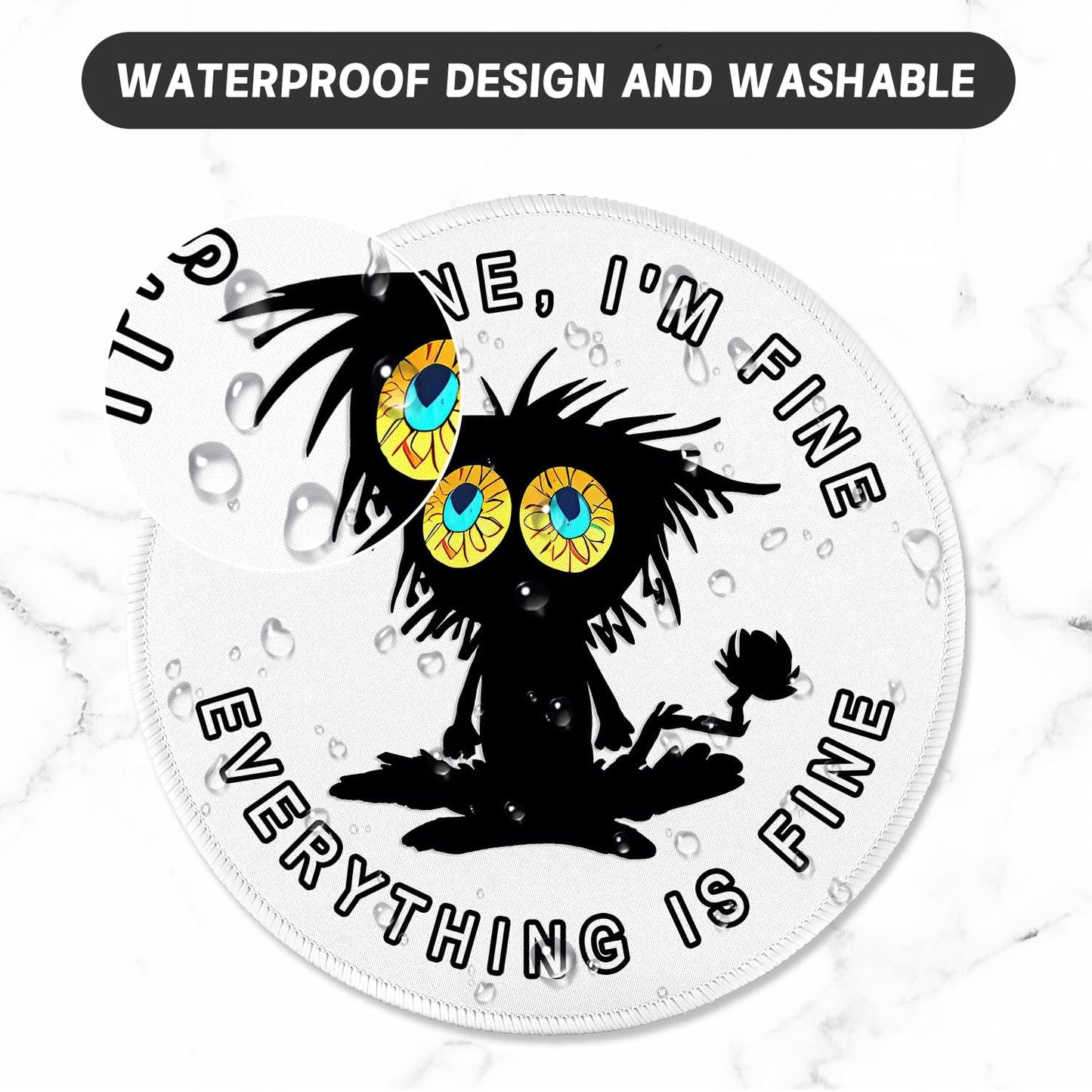 ITNRSIIET Round Mouse Pad with Stitched Edge Premium-Textured Waterproof Non-Slip Rubber Base Desktop Protection Mat Diameter 8.7 inches, Funny Black Cat