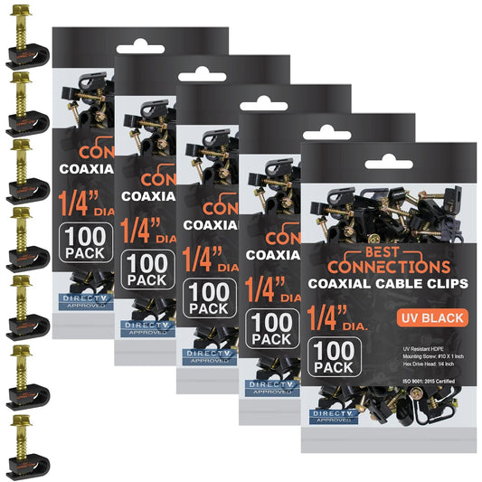 Best Connections Coaxial Cable Clips with Pre-Inserted Screw 1/4" inch (500 Pack) – Black Single Mounting Clamps for Coax (RG6, RG59) and Ethernet Cables – Cord Fasteners/Strain Relief Clip