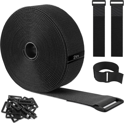 26ft x 2in Heavy Duty Cable Straps with 20pcs Plastic Buckles, Free Cut to Length Cinch Strap, Reusable & Adjustable Hook and Loop Straps for Cable Ties, Cord Organizer, Wire Management