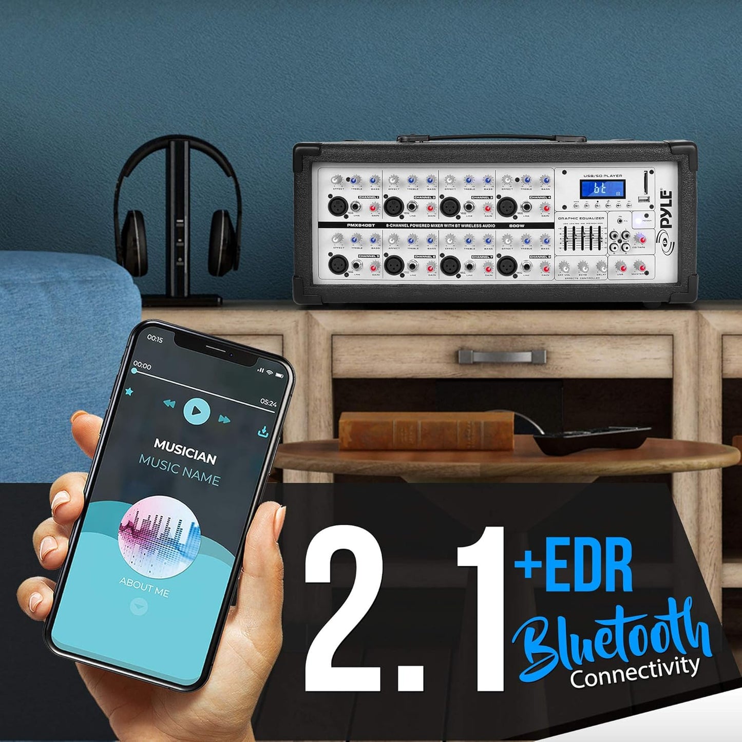 PyleUsa 8 Channel Bluetooth Stage Powered Mixer, 800 Watt Pro Audio Sound Mixer, MP3 USB SD Readers, Aux Input, Digital LCD Display, Built in Cooling Fan