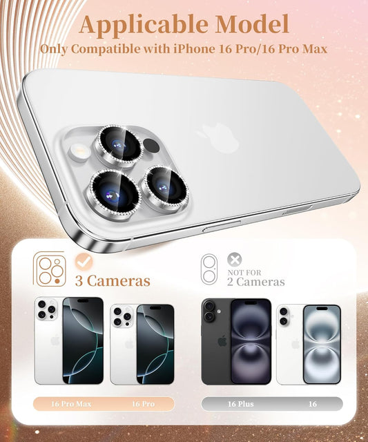 GolbinBox Camera Lens Protector for iPhone 16 Pro Max/16 Pro, 1:1 Invisible Fit, 9H Tempered Glass Ultra HD Metal Individual Camera Cover Screen Protectors for Women, Case Friendly, Bling/Sliver