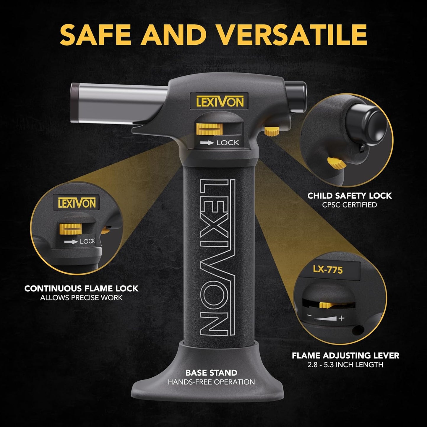 LEXIVON Butane Torch Lighter, Refillable Kitchen Cooking Torch | Self-Igniting with Safety Lock and Adjustable Flame | Pro-Grade Aluminum Tank (LX-775)