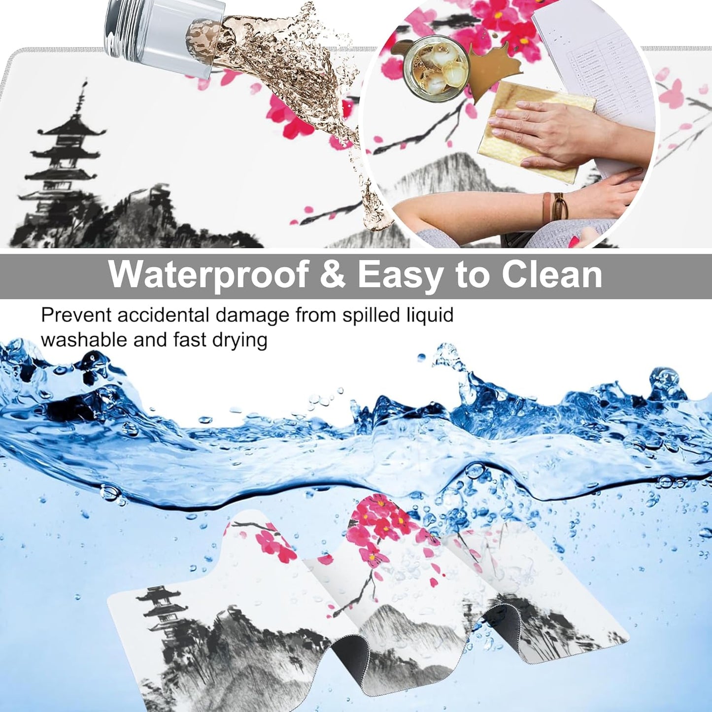 Chinese Ink Painting Desk Mat,Large Abstract Landscape Painting Gaming Keyboard Mouse Pad,Non-Slip Rubber Base Desk Pad Thick Stitched Edges Waterproof Mousepad Mouse Mat 31.5"x11.8"