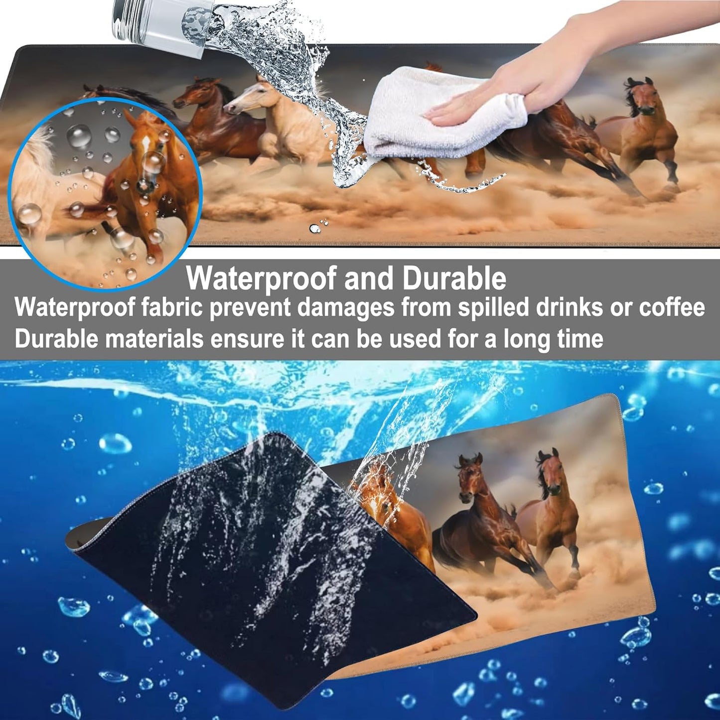 Mouse Pad, Large Running Horse Herd Desk Mat, Extended Non-Slip Gaming Keyboard Mousepad Desk Pad, Thick Stitched Edges Waterproof Mouse Mat 31.5"x15.7" (Horse Herd in Desert Sand Storm)