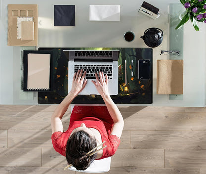 Forest Cats Desk Mat Anime Cat Desk Pad Cute, Kawaii Green Mouse Pad XXL, Large Extended Gaming Mousepad Keyboard Mouse Mat with Stitched Edges, Home Office Decor Pad for Women Girl 31.5x15.75 in