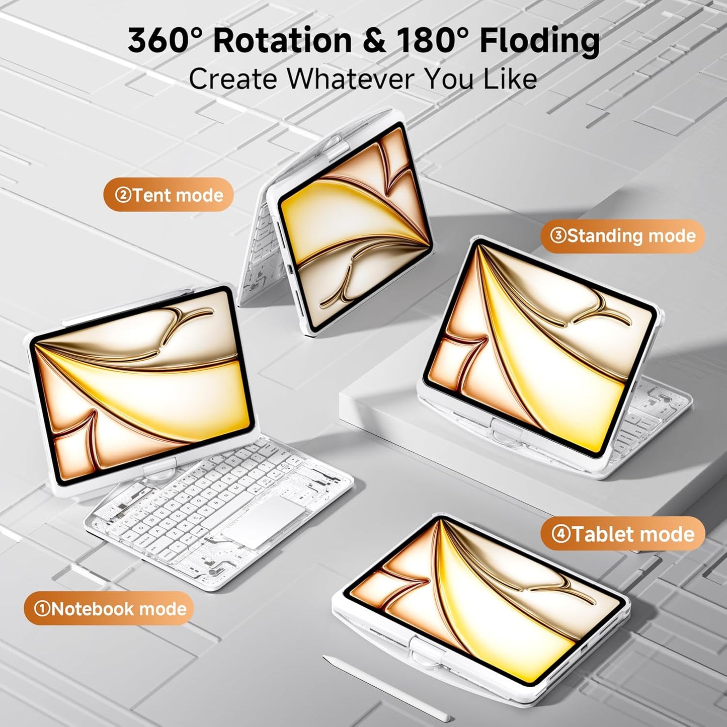 iPad Keyboard Case for iPad 10th Gen (2022) & 11th (A16, 2025), Magic Wireless Keyboard with Trackpad 7 Color Backlit, 360° Rotating Stand Transparent Protective Cover with Pencil Holder (White)