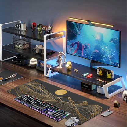 Abstract Golden Mountain Desk Mat,Large Gold Line Art Gaming Keyboard Mouse Pad,Non-Slip Rubber Base Desk Pad Thick Stitched Edges Waterproof Mousepad Mouse Mat 31.5"x11.8"
