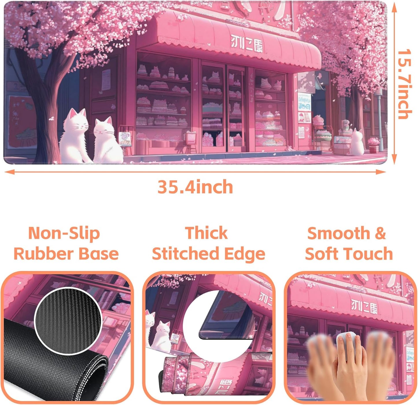 Mouse Pad Large Cake Shop and White Cats Non-Slip Gaming Desk Mat with Stitched Edge Laptop Keyboard Desk Pad for Work Home Gaming (35.4 x 15.7 Inches)