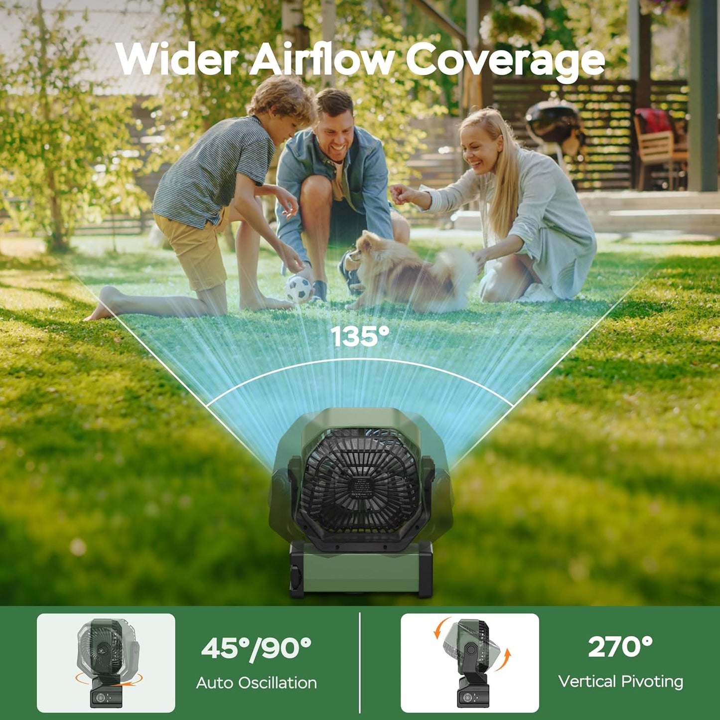 KITWLEMEN Camping Fan with Light - 20000mAh Rechargeable Battery Fan, 60Hrs Max Run Time, 4 Speeds, Timer, Auto Oscillation, 270° Pivot & Hook for Camping, Power Outage, Hurricane