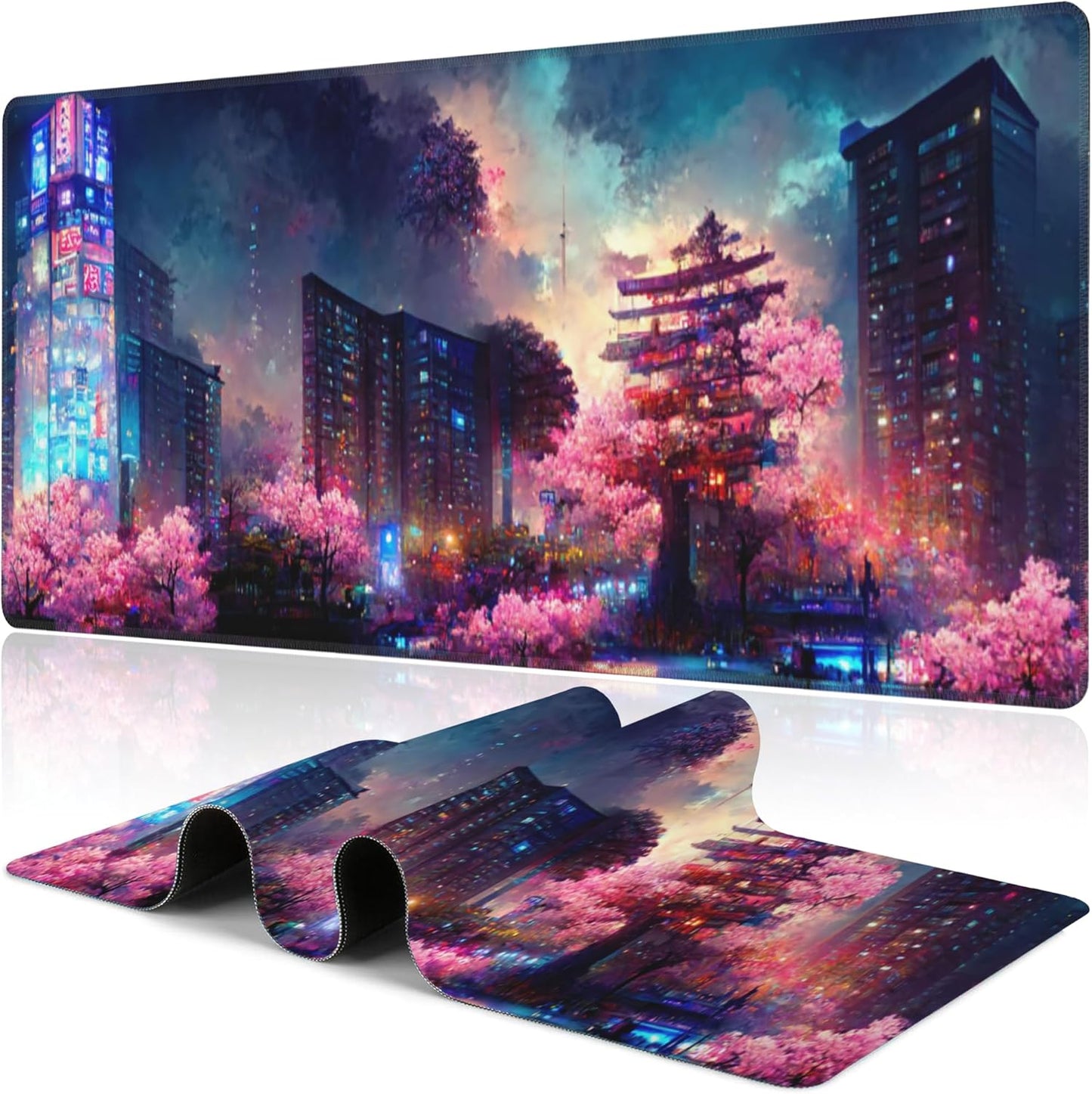 Japanese Fantasy Night City Desk Mat,Large Beautiful Night Scene Gaming Keyboard Mouse Pad,Non-Slip Rubber Base Desk Pad Thick Stitched Edges Waterproof Mousepad Mouse Mat 31.5"x11.8"