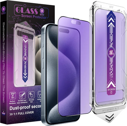 2 Pack Anti Blue Light Matte Screen Protector for iPhone 15 Pro, 9H Tempered Glass, Full Coverage, Anti-Fingerprint, Auto Dust-Elimination, No Bubble, Easy Installation