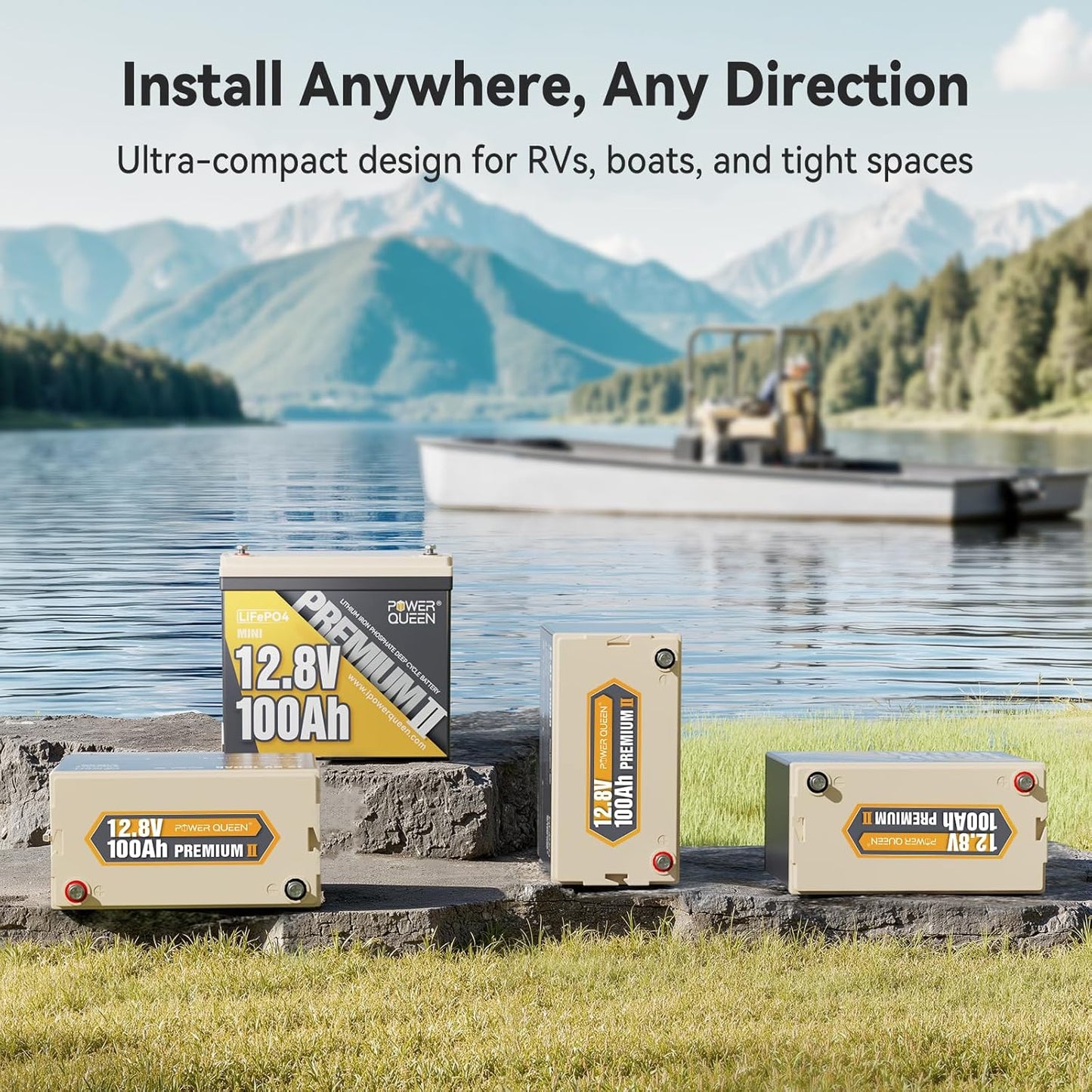 Power Queen MINI LiFePO4 Lithium Battery with 14.6V 20A Battery Charger, 12V 100Ah Battery with Built-in 100A BMS, 1280Wh Energy, Up to 15000 Cycles, 10-Year Lifespan for Backup Power, RV, Camping