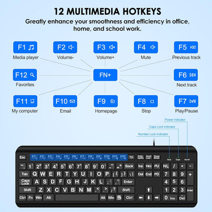 Large Print Computer Keyboard, Wired USB Full Size Quiet Keyboard with 4X Oversized Print Letters for Visually Impaired Low Vision Individuals Easy to See and Type for PC, Laptop,Windows