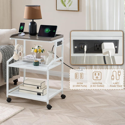 Lauren&Harold 34'' Printer Stand with Power Outlets & USB Ports, 3-Tier Adjustable Rolling Cart, Heavy Duty 150LBS Storage Table with Wheels for Office, Kitchen, Living Room, White