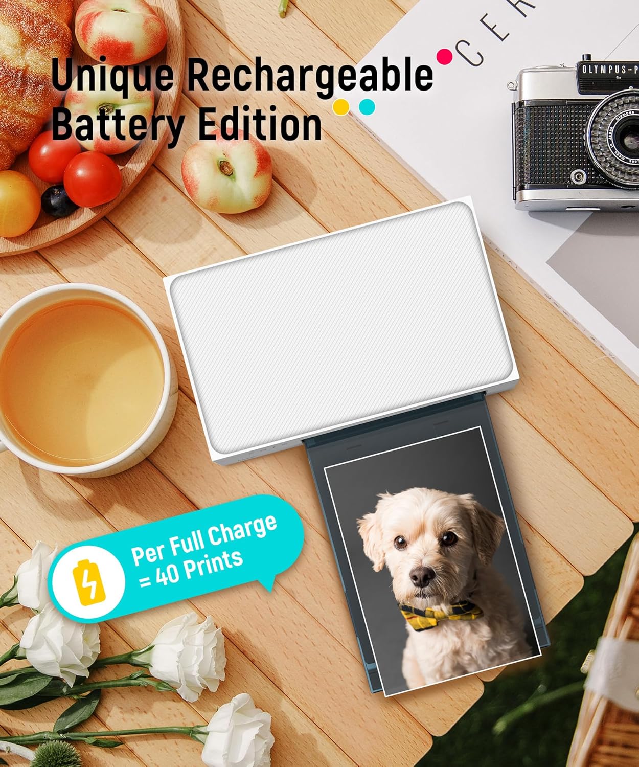Liene White M200 4x6'' Photo Printer Battery Edition, Wireless Photo Printer for iPhone Android, Dye Sublimation Printing Full-Color Photo 20-Sheet, Portable Picture Printer Ideal for Travel Home Use